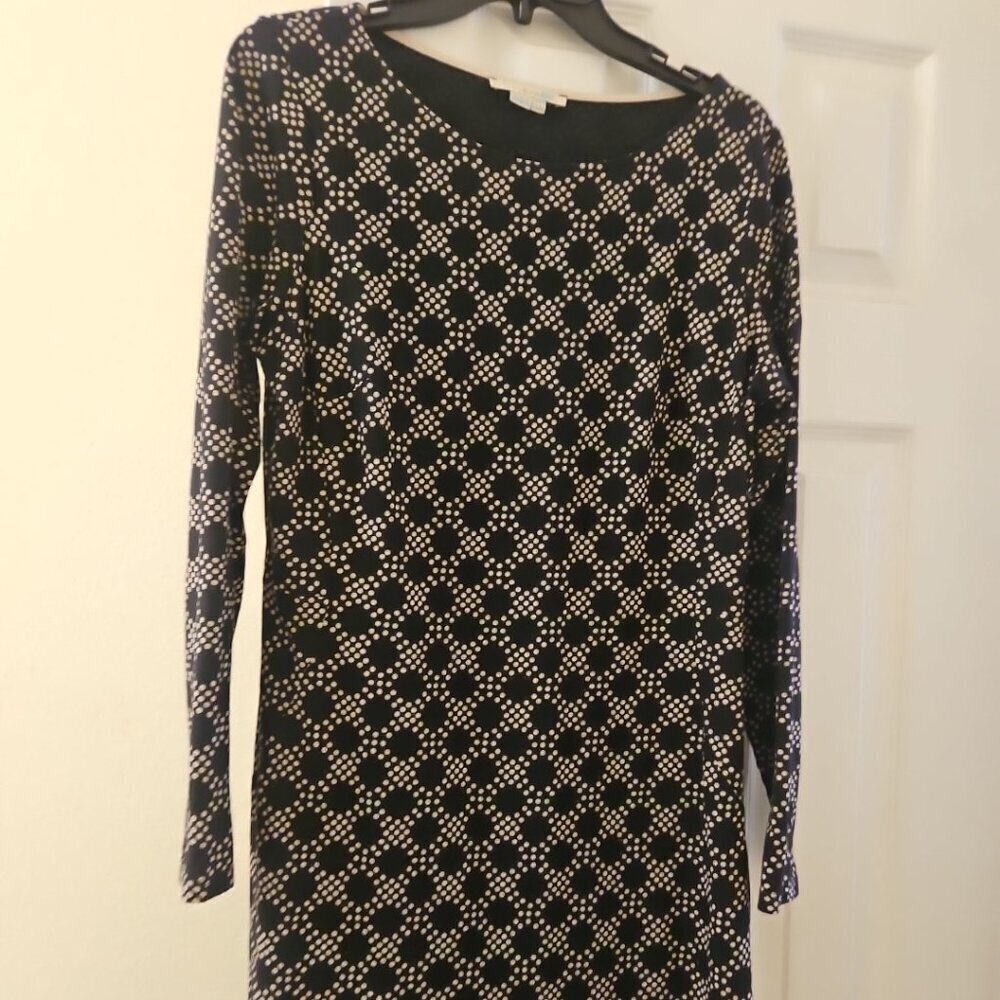 Boden Long Sleeve Soft Stretch Black Polka Dot Geometric Office Midi Vtg Dress M
